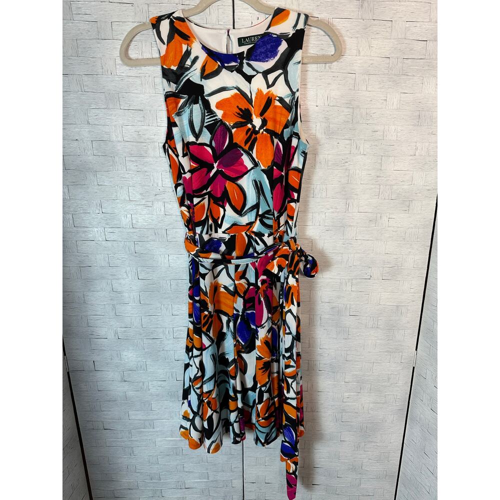 Lauren Ralph Lauren Woens Dress floral sleeveless tie belt fit & flare tropical